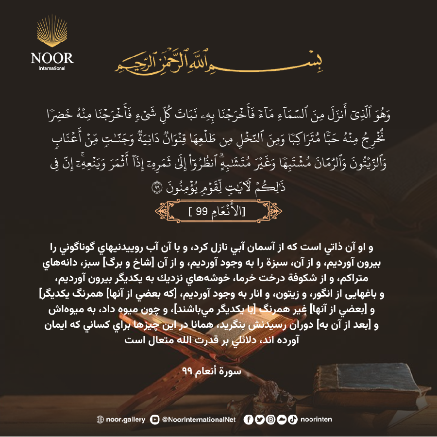 و او [تعالي] آن ذاتي است كه از آسمان آبي نازل كرد، و با آن آب روييدنيهاي...
